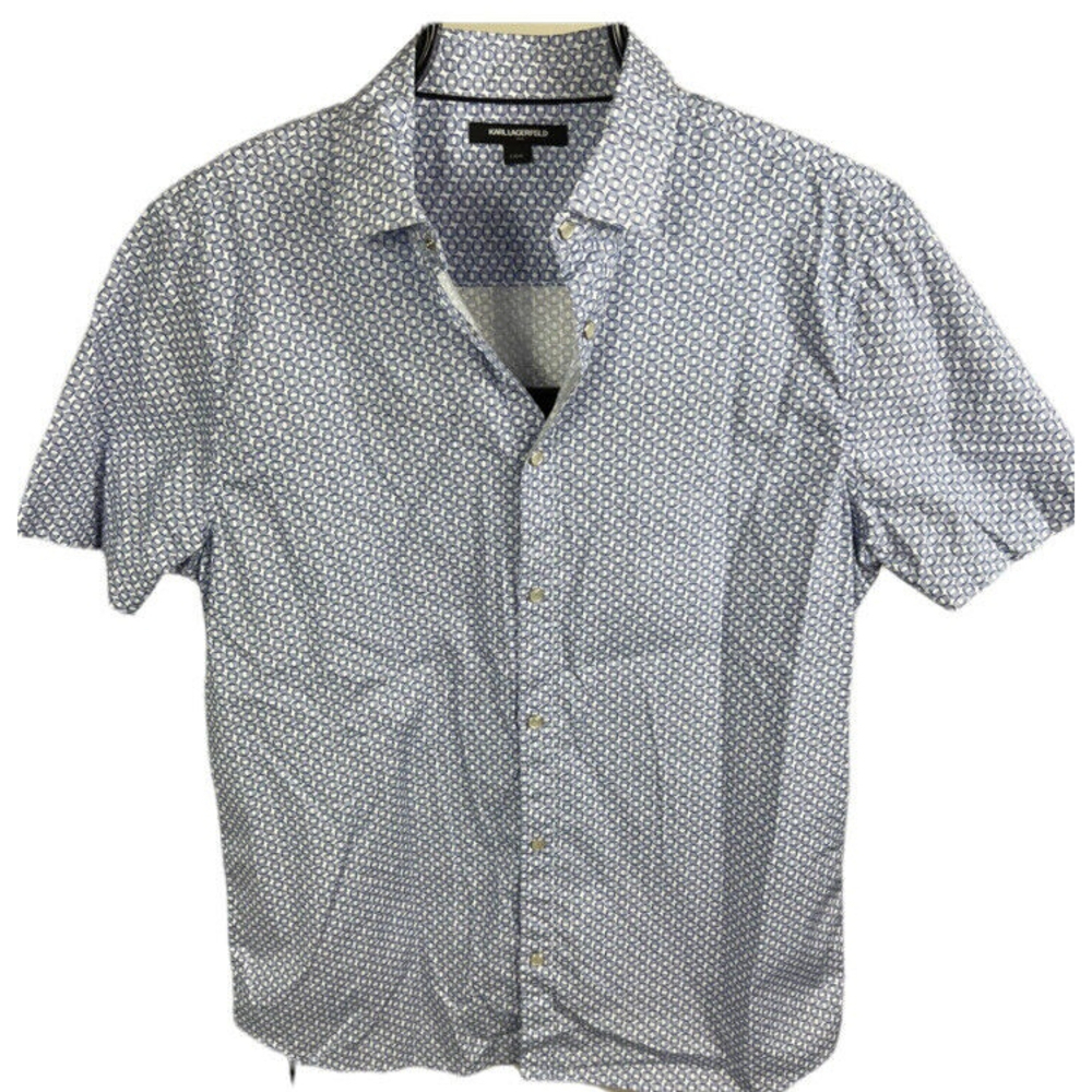 Karl Lagerfeld Button Down Shirt Size L Pearl Snap Blue White Geometric